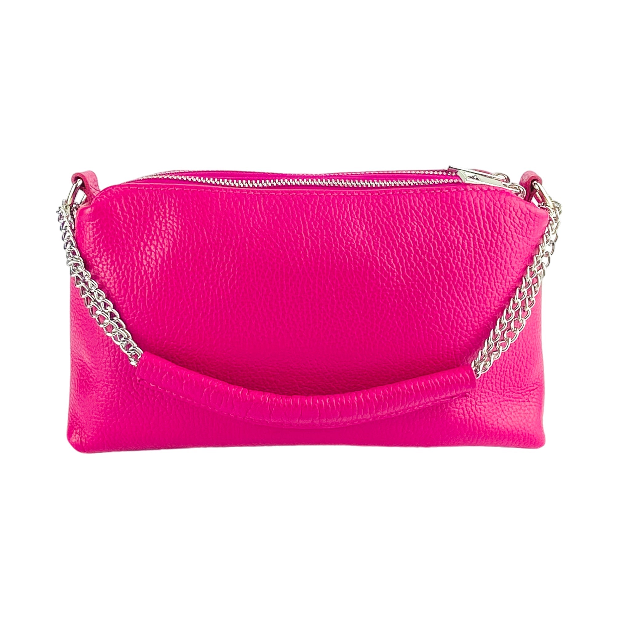 RB1025BE | Women's Hand Bag with double zipper in Genuine Leather Made in Italy. Adjustable leather shoulder strap. Shiny Nickel hardware - Fuxia color - Dimensions: cm 26 x 14 x 9-4