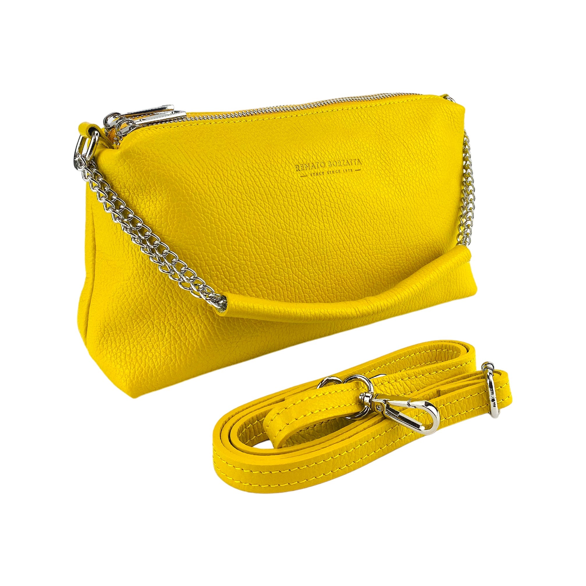 RB1025R | Women's Hand Bag with double zipper in Genuine Leather Made in Italy. Adjustable leather shoulder strap. Polished Nickel hardware - Yellow color - Dimensions: 26 x 14 x 9 cm.-0