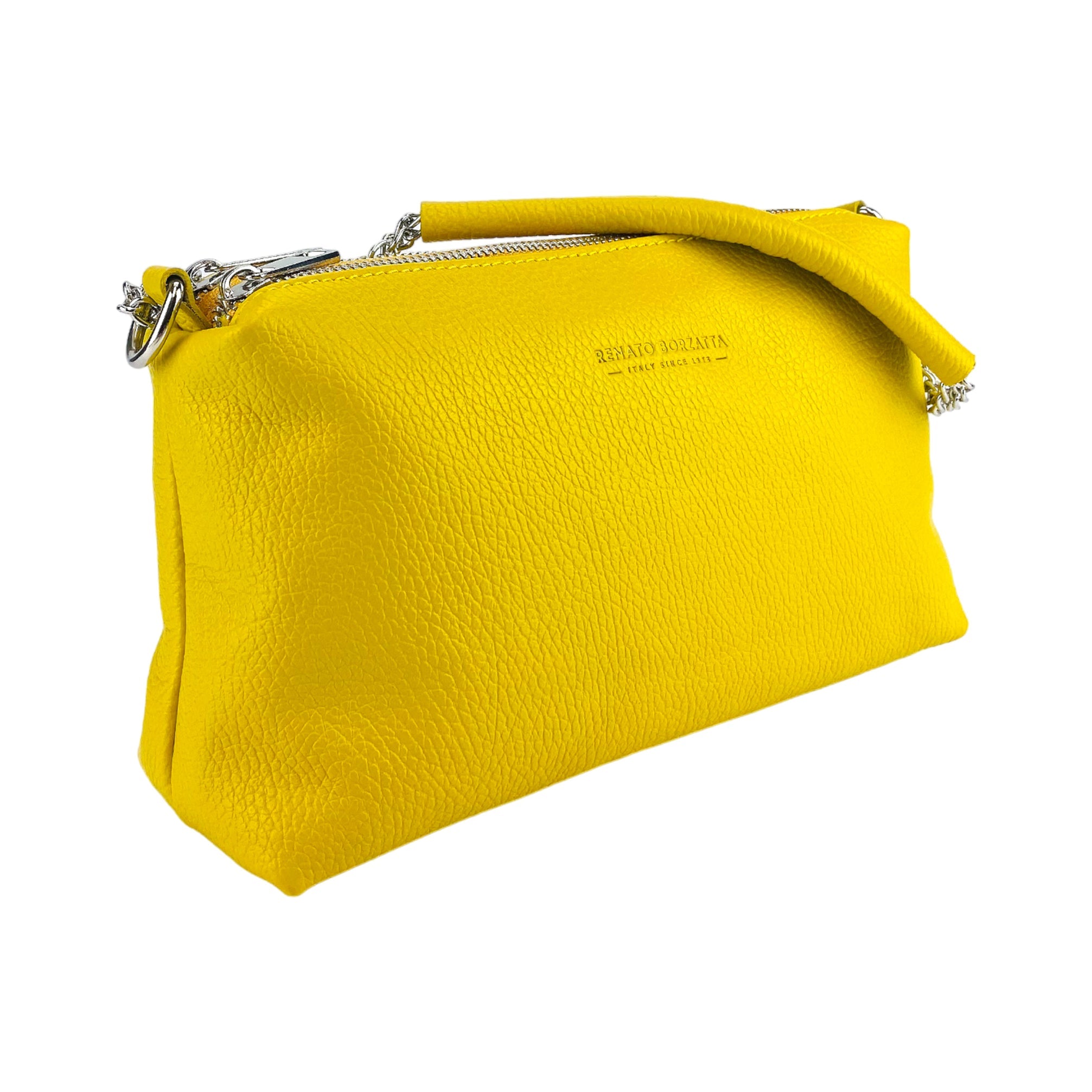 RB1025R | Women's Hand Bag with double zipper in Genuine Leather Made in Italy. Adjustable leather shoulder strap. Polished Nickel hardware - Yellow color - Dimensions: 26 x 14 x 9 cm.-1
