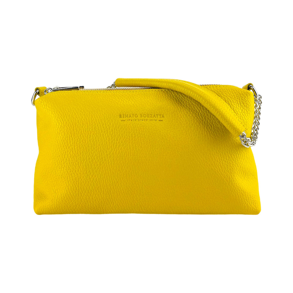 RB1025R | Women's Hand Bag with double zipper in Genuine Leather Made in Italy. Adjustable leather shoulder strap. Polished Nickel hardware - Yellow color - Dimensions: 26 x 14 x 9 cm.-3