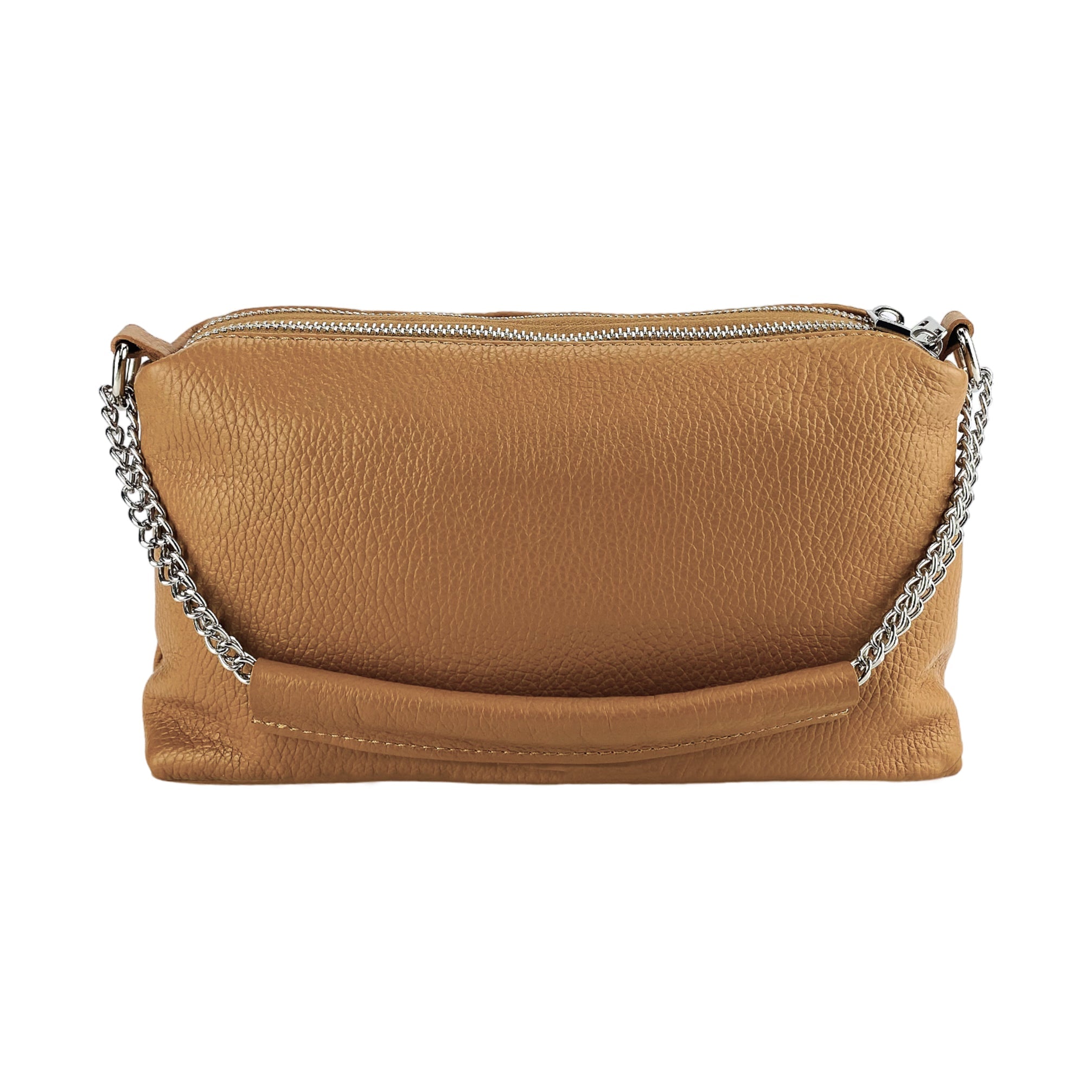 RB1025S | Women's Hand Bag with double zipper in Genuine Leather Made in Italy. Adjustable leather shoulder strap. Polished Nickel hardware - Cognac color - Dimensions: 26 x 14 x 9 cm.-4