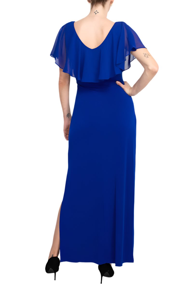 Connected Apparel V-Neck Flutter Chiffon Sleeve Solid Column Matte Jersey Gown-3