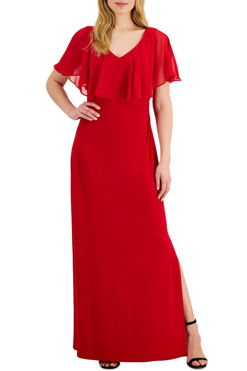 Connected Apparel V-Neck Flutter Chiffon Sleeve Solid Column Matte Jersey Gown-5