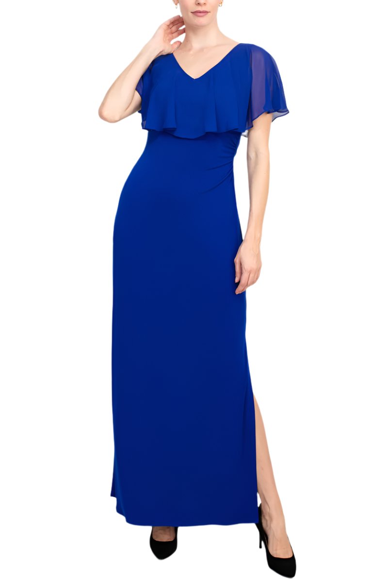 Connected Apparel V-Neck Flutter Chiffon Sleeve Solid Column Matte Jersey Gown-0