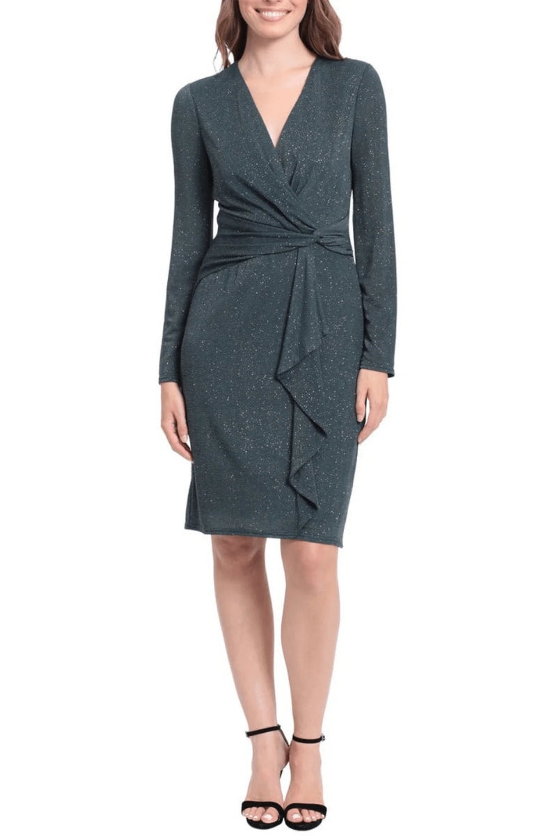 London Times Long Sleeve Shirred Surplice Side Flounce Dress-2