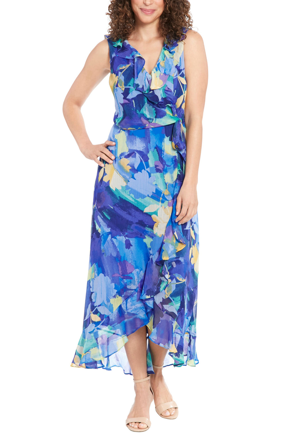 London Times Rosie Ruffled V-Neckline Back Zipper Closure Faux Wrap Maxi Dress