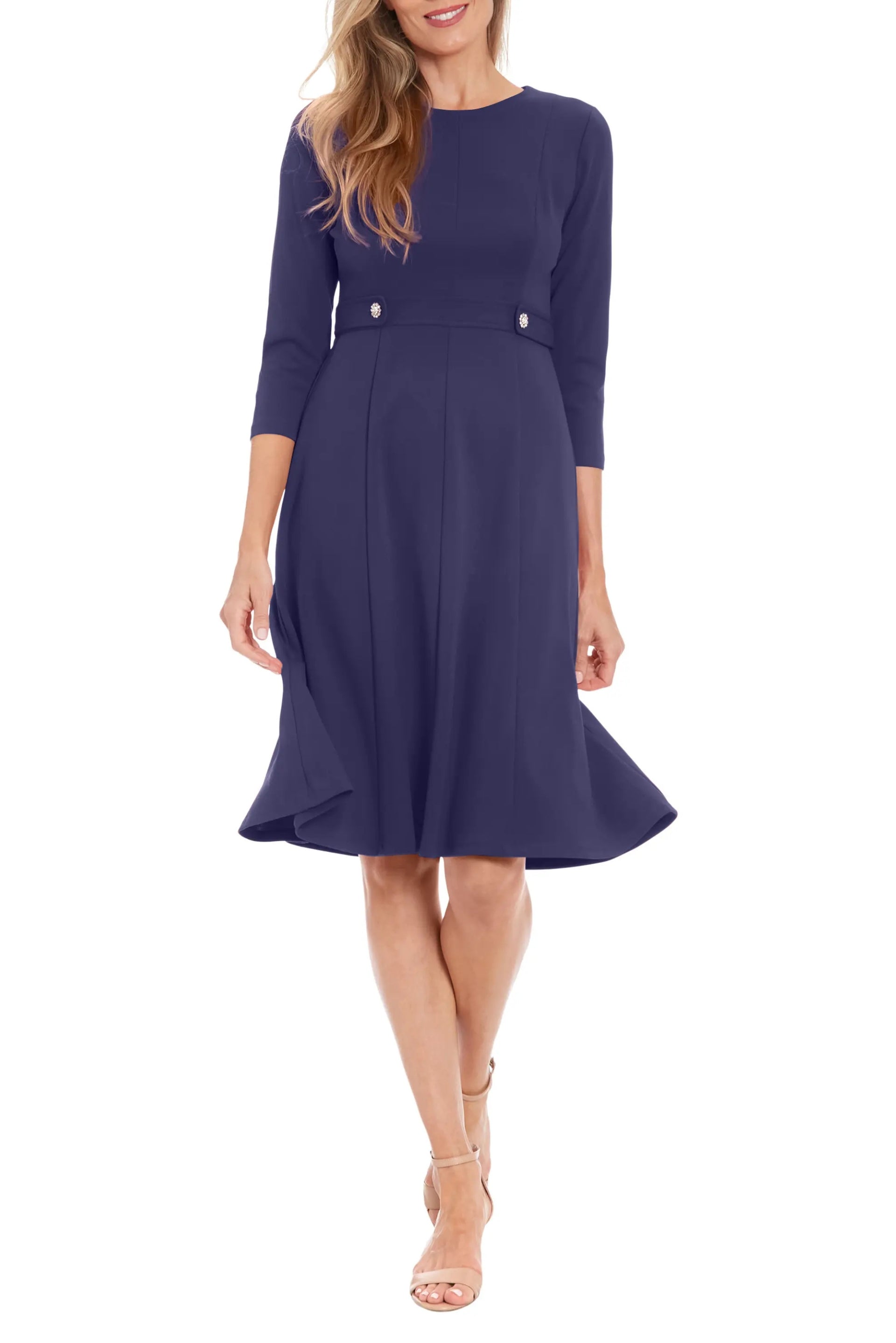 London Times Jewel Neckline Quarter Sleeves Zipper Closure Buttoned Mock Belt Fit-and-Flare Flowing Skirt Dress-3