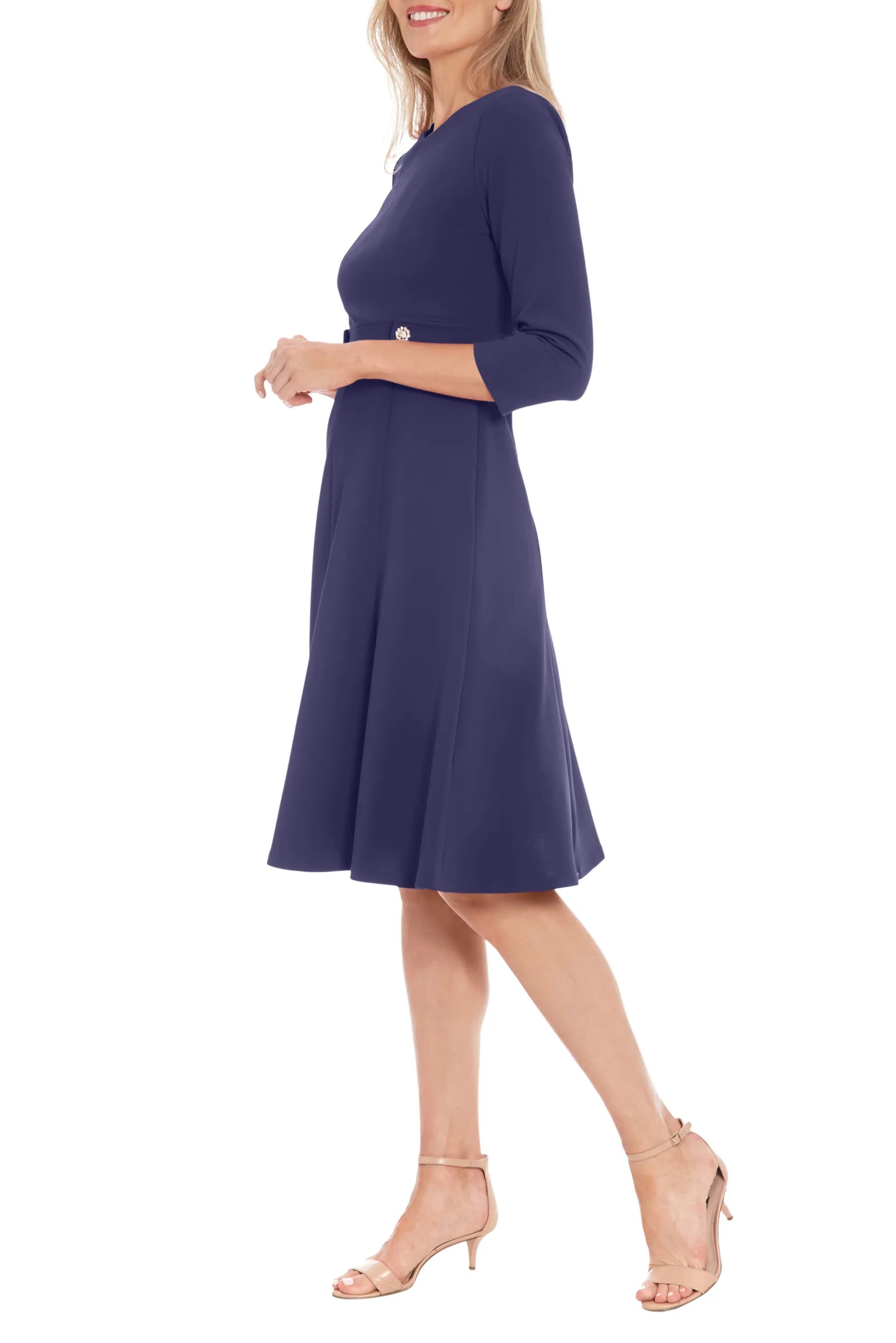 London Times Jewel Neckline Quarter Sleeves Zipper Closure Buttoned Mock Belt Fit-and-Flare Flowing Skirt Dress-4