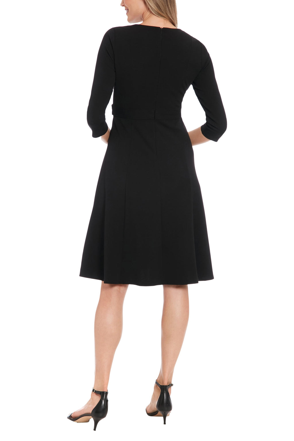 London Times Jewel Neckline Quarter Sleeves Zipper Closure Buttoned Mock Belt Fit-and-Flare Flowing Skirt Dress-1