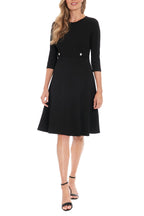London Times Jewel Neckline Quarter Sleeves Zipper Closure Buttoned Mock Belt Fit-and-Flare Flowing Skirt Dress-0