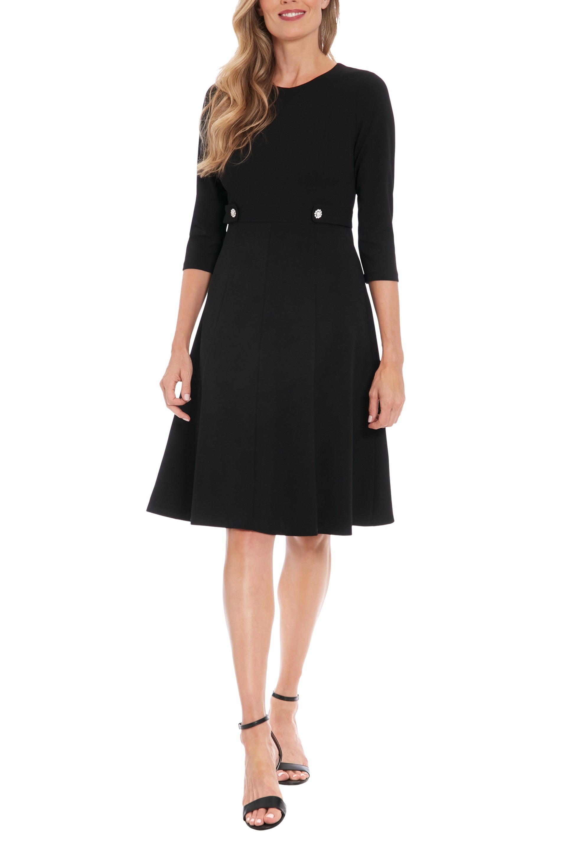London Times Jewel Neckline Quarter Sleeves Zipper Closure Buttoned Mock Belt Fit-and-Flare Flowing Skirt Dress-0