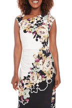 London Times Asymmetric Neckline Sleeveless Zipper Closure Streamlined Ruched Side Detail Midi Sheath Dress-2