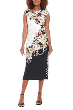 London Times Asymmetric Neckline Sleeveless Zipper Closure Streamlined Ruched Side Detail Midi Sheath Dress-0