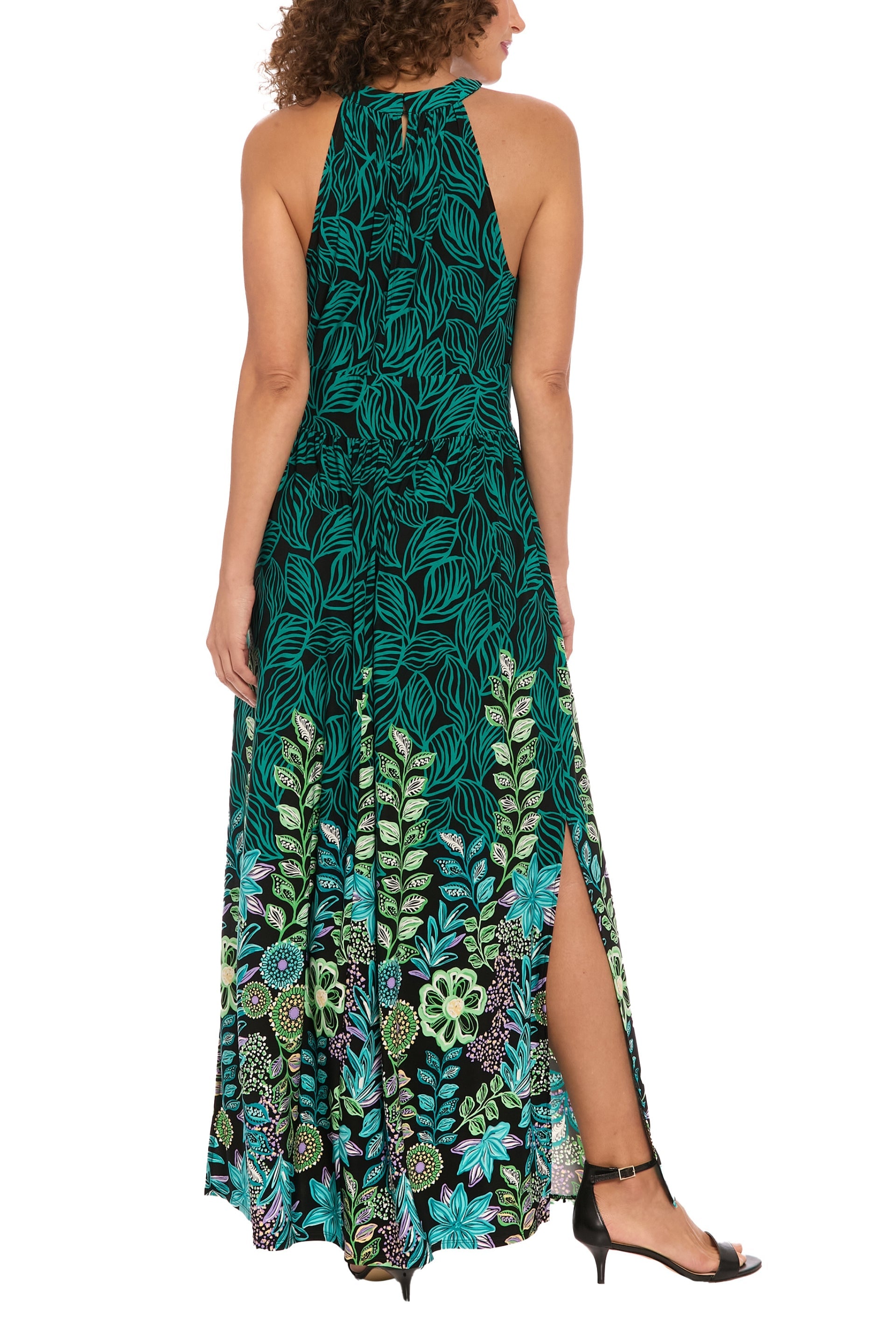 London Times Halter Neckline Keyhole Cutout Sleeveless Side Split Maxi Dress-1