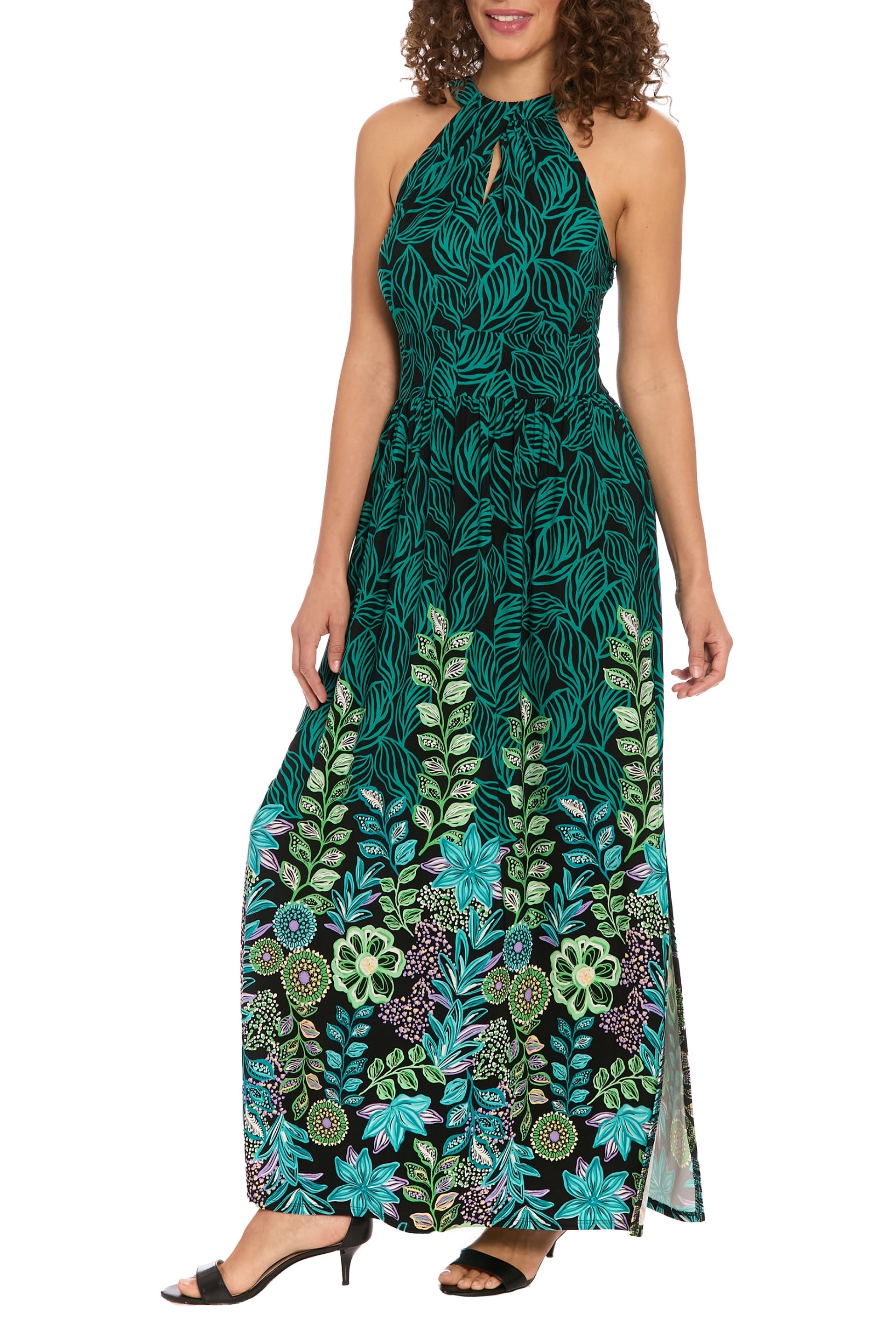 London Times Halter Neckline Keyhole Cutout Sleeveless Side Split Maxi Dress-0