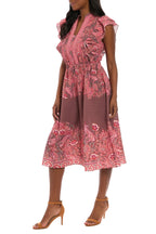 London Times All-Over Rose Brown Split Neckline Mandarin Collar Shoulder Shirred Ruffles Sleeveless Midi A-Line Dress