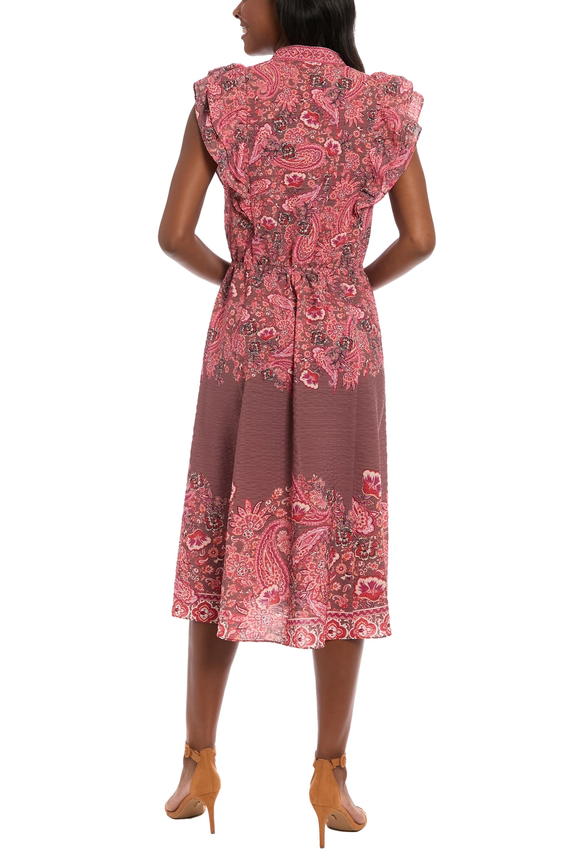 London Times All-Over Rose Brown Split Neckline Mandarin Collar Shoulder Shirred Ruffles Sleeveless Midi A-Line Dress