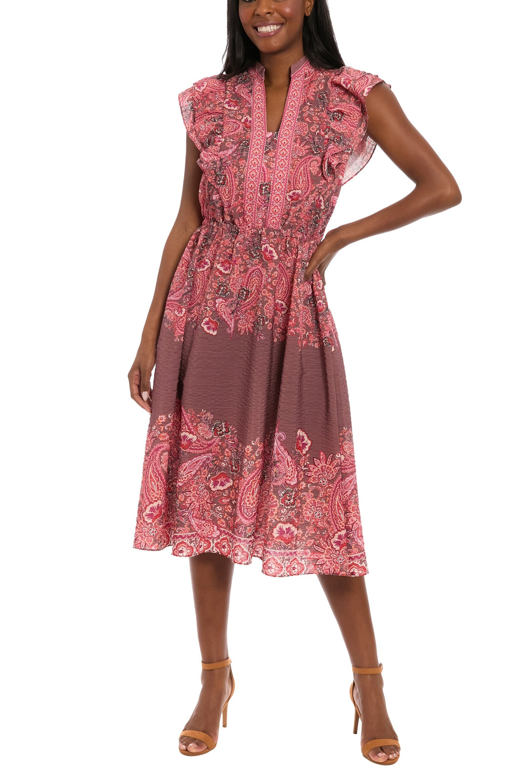 London Times All-Over Rose Brown Split Neckline Mandarin Collar Shoulder Shirred Ruffles Sleeveless Midi A-Line Dress