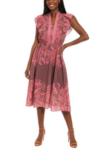 London Times All-Over Rose Brown Split Neckline Mandarin Collar Shoulder Shirred Ruffles Sleeveless Midi A-Line Dress