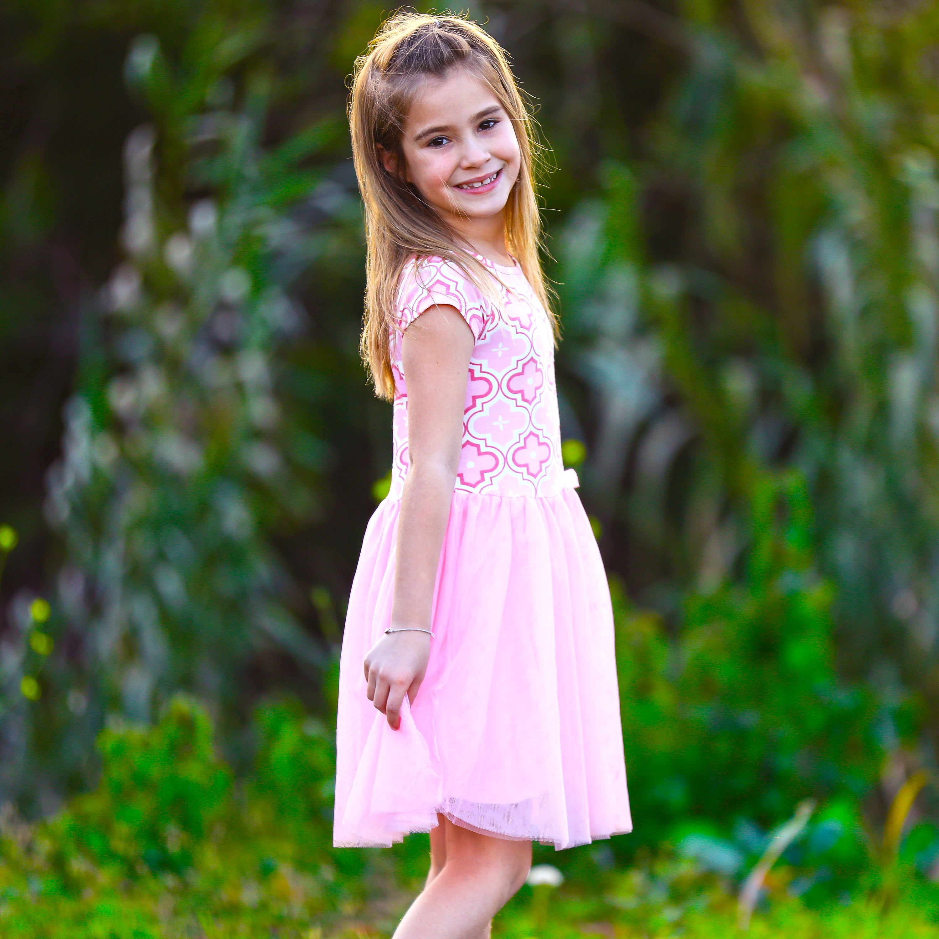 AnnLoren Girls Dress Pink Tulle & Pink Arabesque Party Dress-1