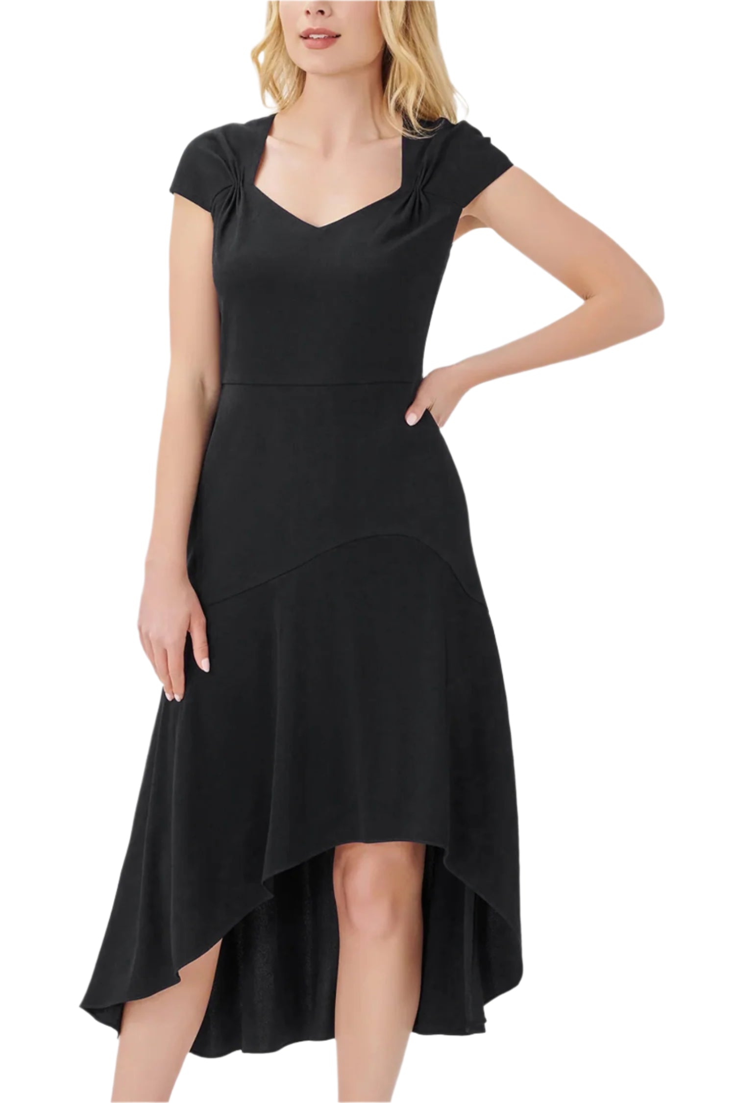 Adrianna Papell Bertha Neck Cap Sleeve Fit Flare Solid High Low Hem Crepe Dress-2