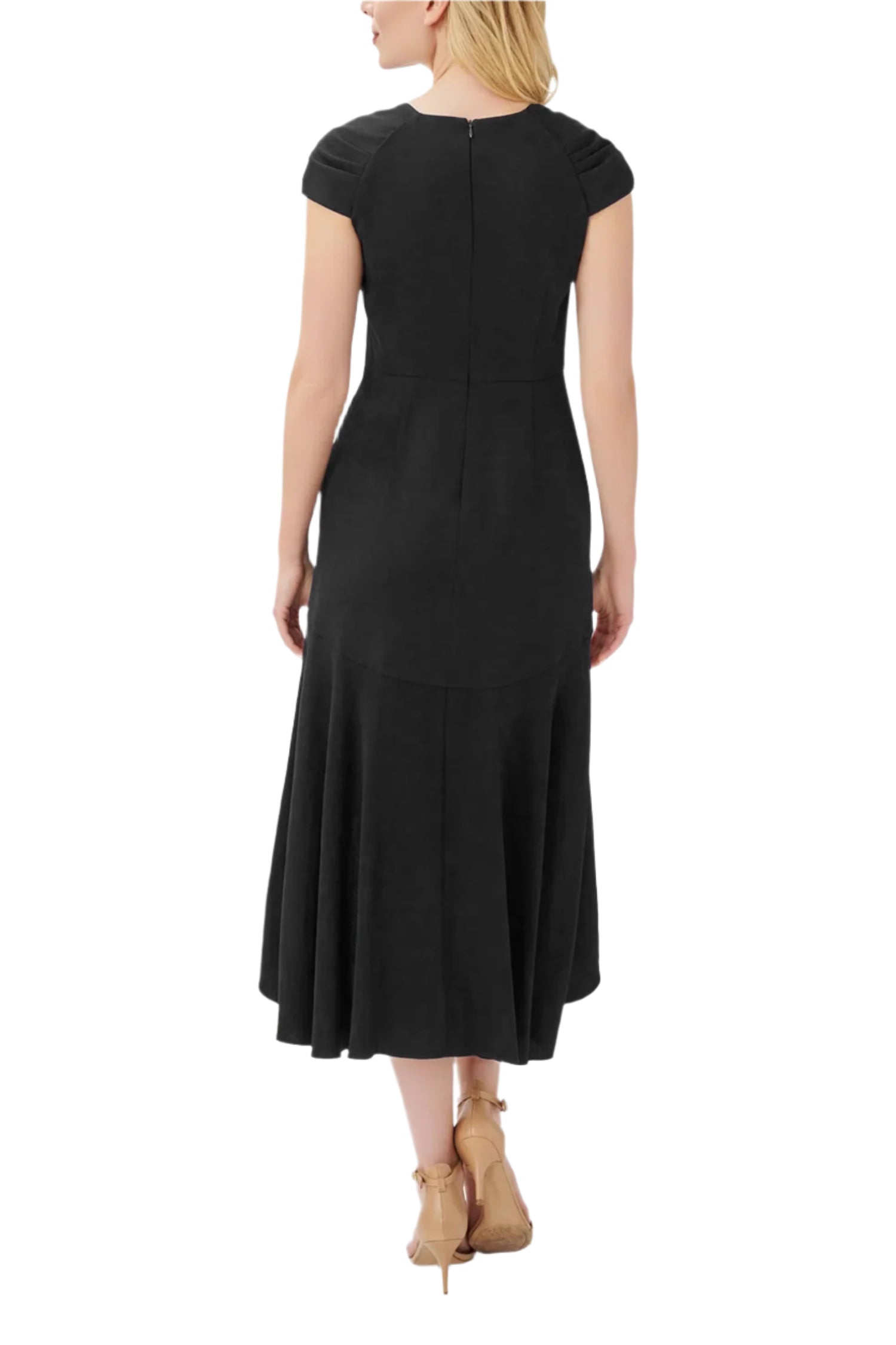 Adrianna Papell Bertha Neck Cap Sleeve Fit Flare Solid High Low Hem Crepe Dress-1
