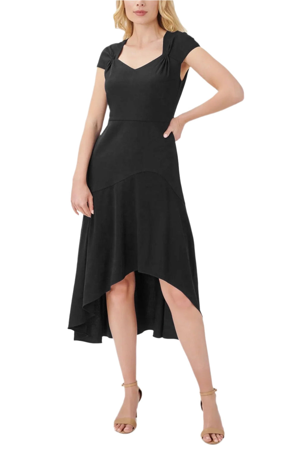 Adrianna Papell Bertha Neck Cap Sleeve Fit Flare Solid High Low Hem Crepe Dress-0