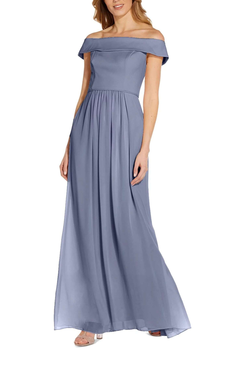 Adrianna Papell Off Shoulder Zipper Back Ruched Piping Detail Crepe Chiffon Gown-0