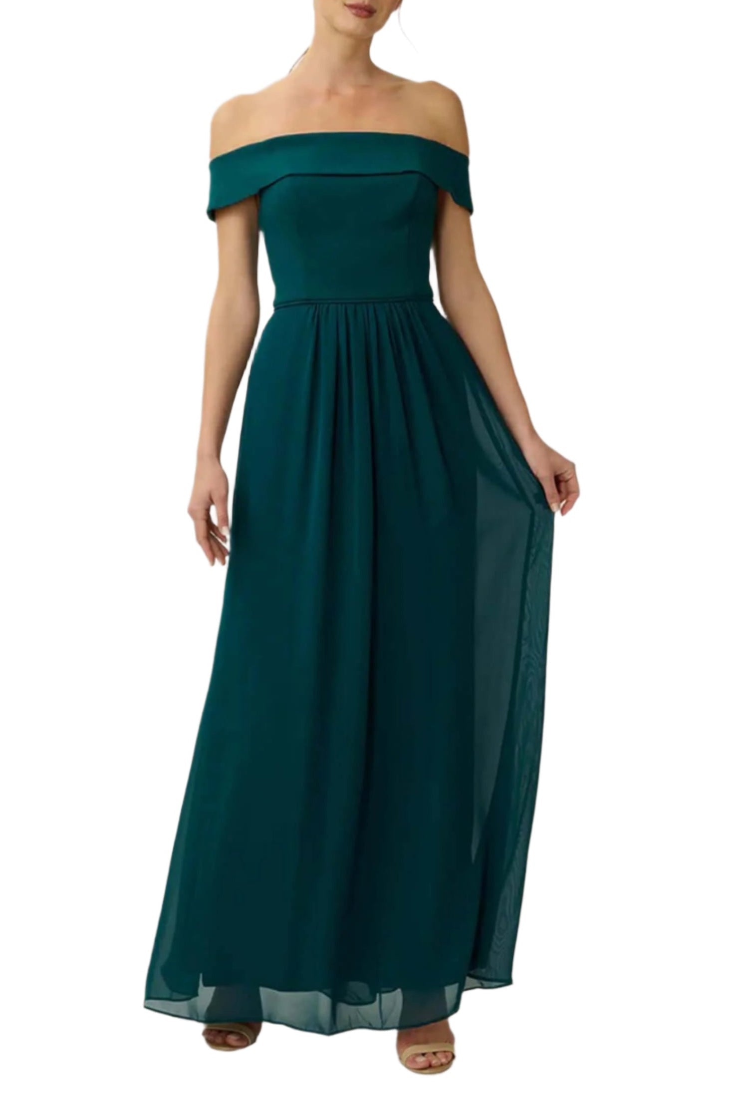 Adrianna Papell Off Shoulder Zipper Back Ruched Piping Detail Crepe Chiffon Gown-3