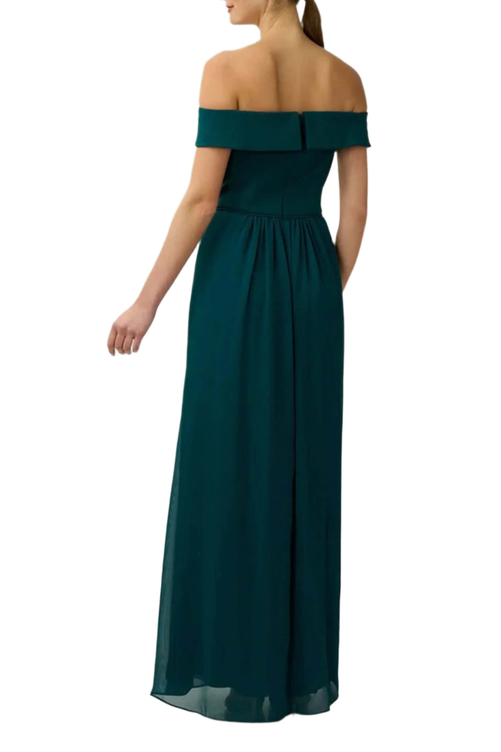 Adrianna Papell Off Shoulder Zipper Back Ruched Piping Detail Crepe Chiffon Gown-4