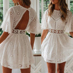 Backless Dress Short Sleeve Mini Cocktail Sundress Cotton+Lace Lady Casual Women Summer Dresses Sweet Cute Fashion-4