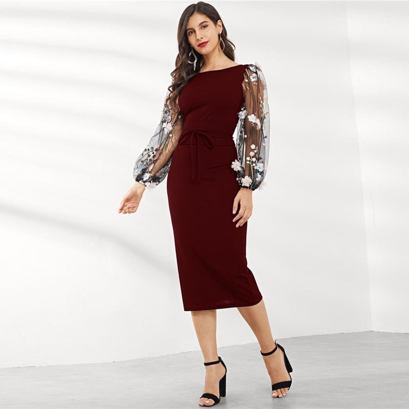 Black Applique Embroidered Mesh Sleeve Pencil Dress Women Autumn Elegant Casual Boat Neck Bishop Sleeve Pencil Dresses-1
