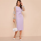 Black Applique Embroidered Mesh Sleeve Pencil Dress Women Autumn Elegant Casual Boat Neck Bishop Sleeve Pencil Dresses-3