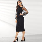Black Applique Embroidered Mesh Sleeve Pencil Dress Women Autumn Elegant Casual Boat Neck Bishop Sleeve Pencil Dresses-2