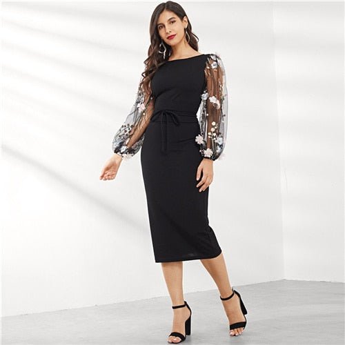 Black Applique Embroidered Mesh Sleeve Pencil Dress Women Autumn Elegant Casual Boat Neck Bishop Sleeve Pencil Dresses-5