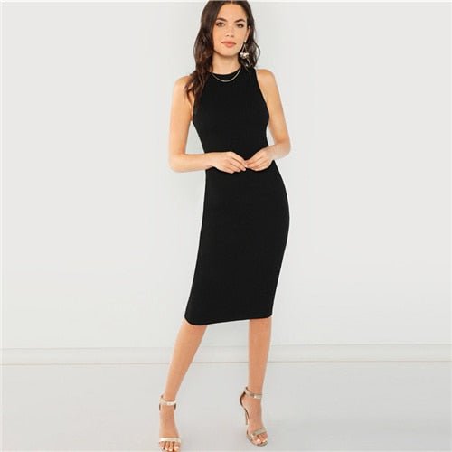 Black Elegant Solid Pencil Dress Slim Sleeveless Knee Length Sexy Workwear Dresses Women Plain Sheath Summer Dress