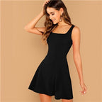 Black Fit And Flare Solid Dress Elegant Straps Sleeveless Plain A Line Dresses