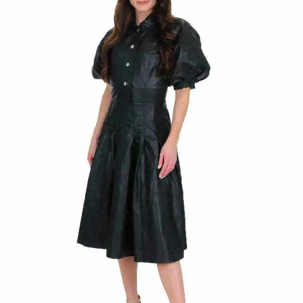 Women’s Black Leather Frock Casual Party Dress-0