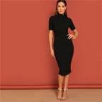 Black Mock Neck Rib-knit Pencil Stretchy Knee Length Bodycon Dress Solid Dress Women Spring Short Sleeve Casual Dress-3
