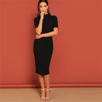 Black Mock Neck Rib-knit Pencil Stretchy Knee Length Bodycon Dress Solid Dress Women Spring Short Sleeve Casual Dress-4