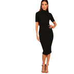 Black Mock Neck Rib-knit Pencil Stretchy Knee Length Bodycon Dress Solid Dress Women Spring Short Sleeve Casual Dress-1
