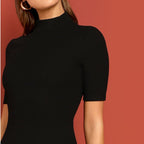 Black Mock Neck Rib-knit Pencil Stretchy Knee Length Bodycon Dress Solid Dress Women Spring Short Sleeve Casual Dress-2