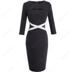 Brief Lines Patchwork Work Women Dress Casual Hole Sexy Sheath Fitted Office Lady Pencil Dress-1