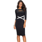 Brief Lines Patchwork Work Women Dress Casual Hole Sexy Sheath Fitted Office Lady Pencil Dress-4