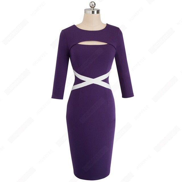 Brief Lines Patchwork Work Women Dress Casual Hole Sexy Sheath Fitted Office Lady Pencil Dress-2