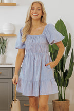 Monica Stripe Bubble Sleeve Ruched Pocketed Babydoll Dress-3