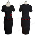 Career Women Pure Color Office Button vestidos Business Work Bodycon Sheath Peplum Female Dress-1