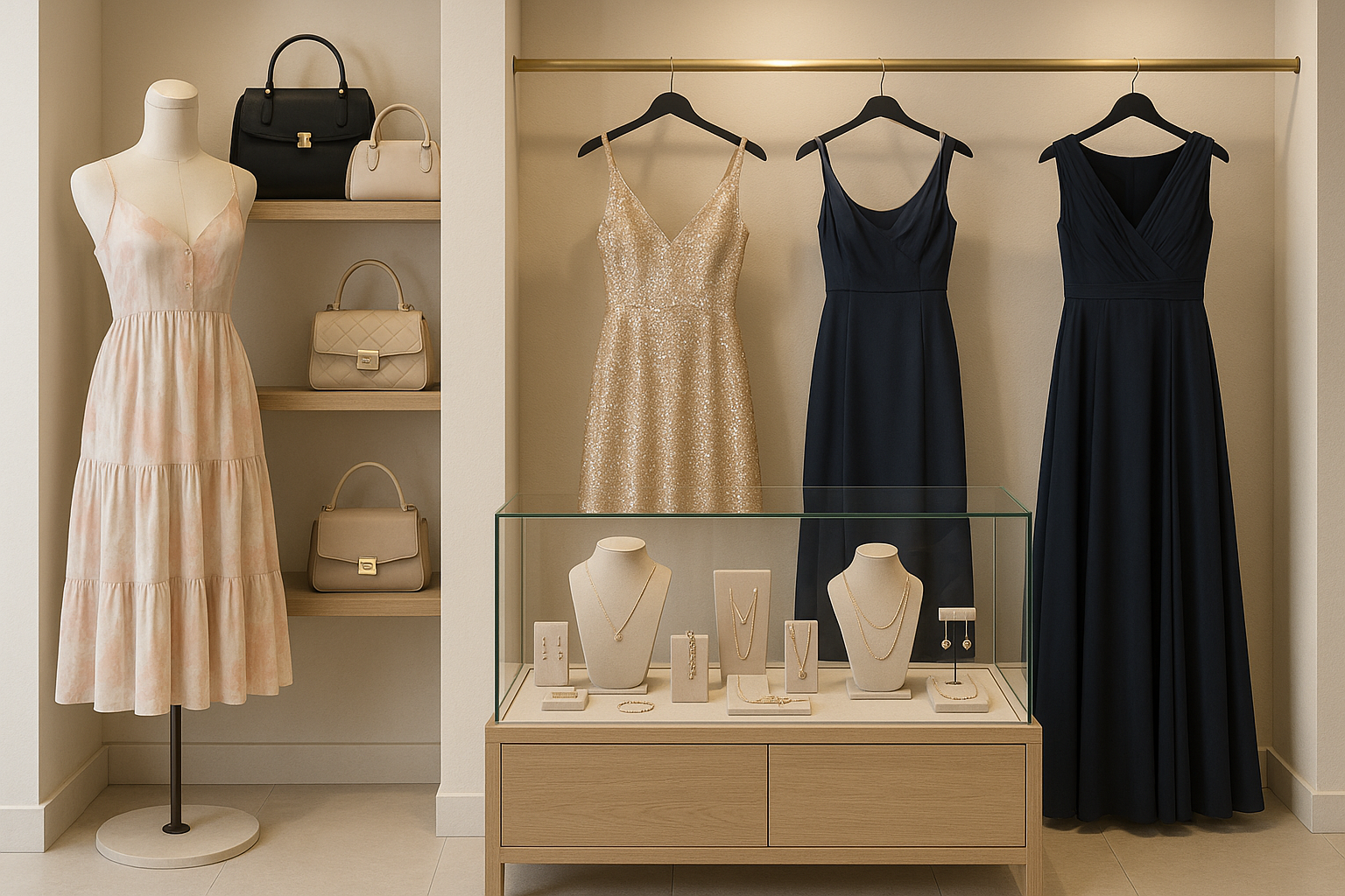 Casual Dress, Party dress, evening dress, jewelry and purses - a picture of each as if it is a store showing all products
