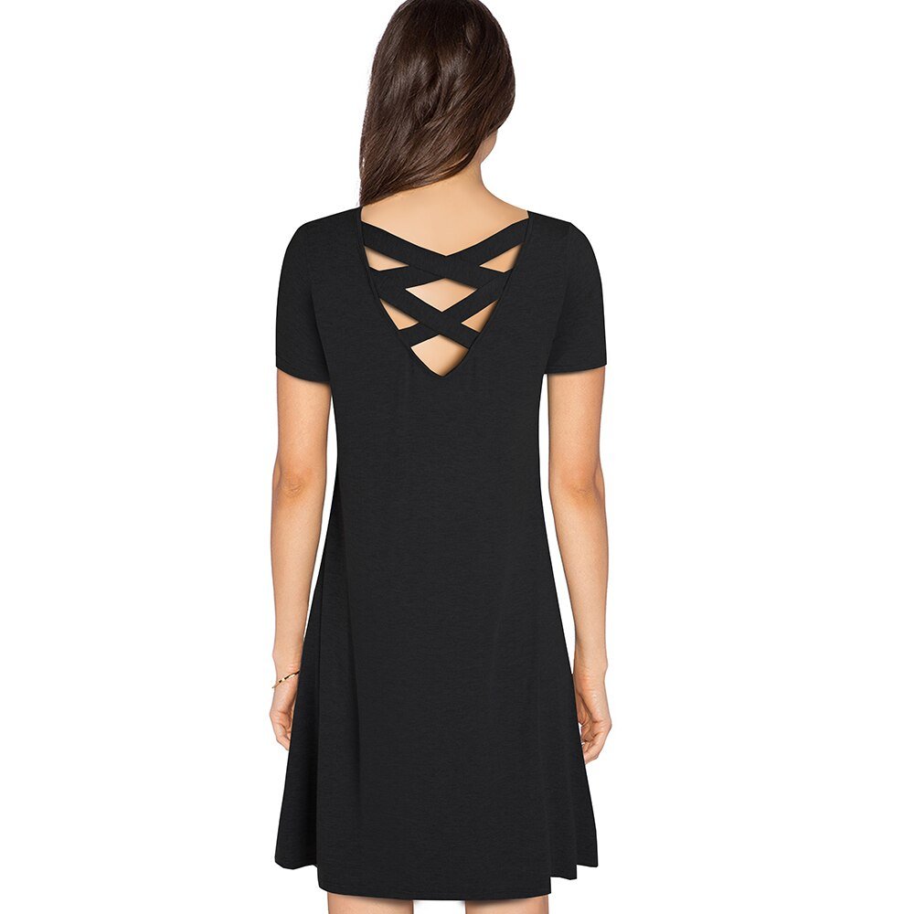 Casual Solid Color with Back Cross Shift Dresses Summer Straight Loose Women Dress-2