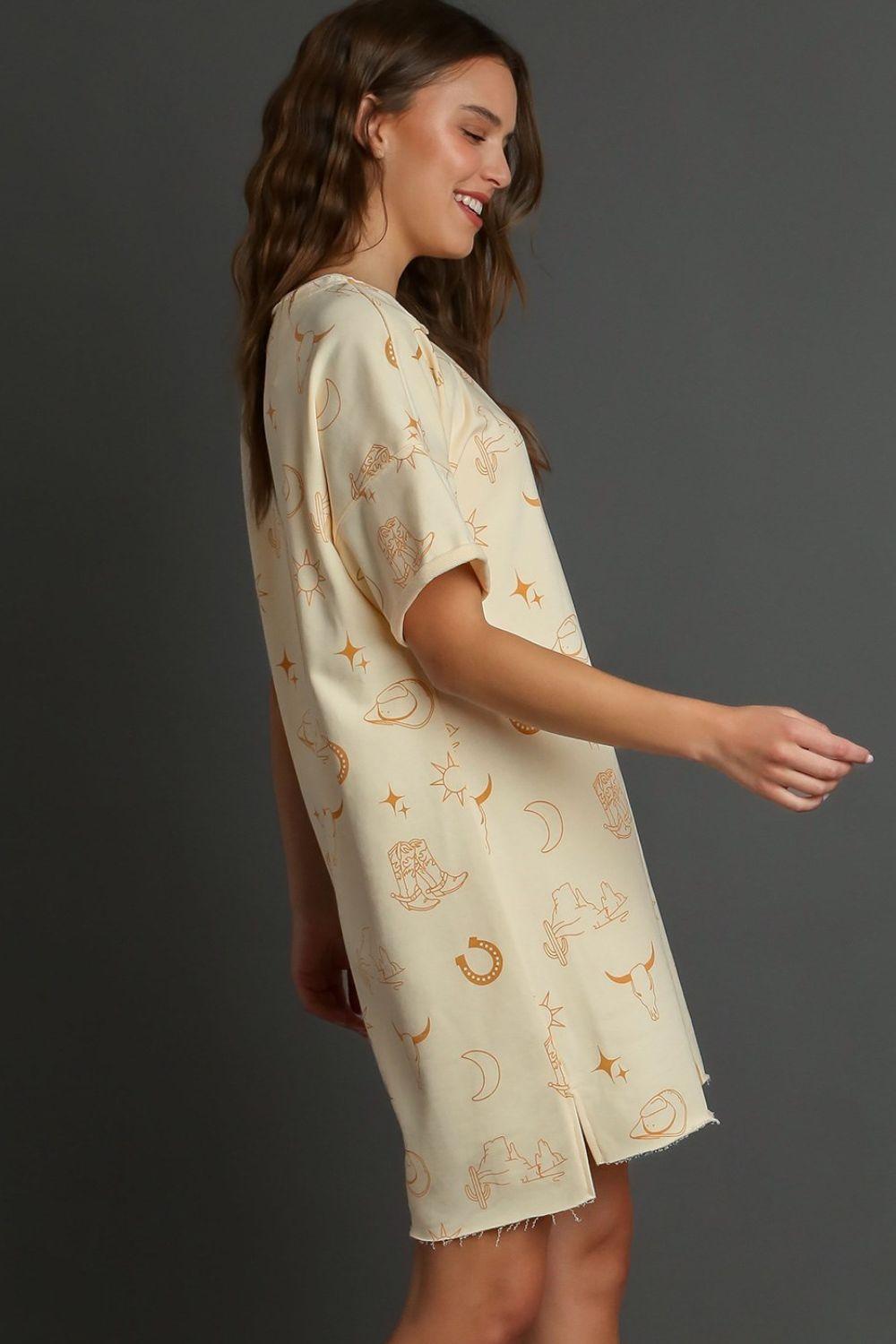 Umgee Full Size French Terry Short Sleeve Round Neck Dress Plus Size-2